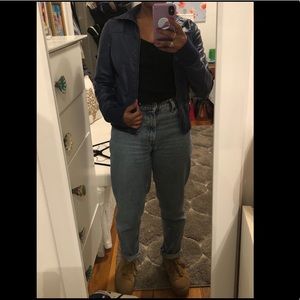 Blue Faux Leather Bomber Jacket